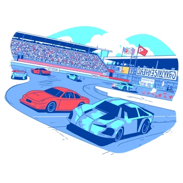 A high-speed scene of a car race at the Daytona International Speedway. Several colorful racing cars, featuring blue and red designs, are seen speeding around the iconic oval track. The cars are closely competing against each other, creating a sense of excitement and motion. In the background, a large crowd of cheering fans can be seen in the grandstands, waving flags and holding signs. The atmosphere is charged with anticipation as the cars approach a turn, tires squealing against the asphalt. Bright banners adorn the venue, adding to the lively ambiance of the event.