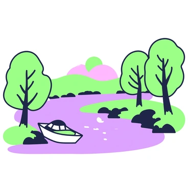 A river flows gently through a landscape. The surface of the water reflects the outlines of trees on either side, their leaves creating delicate patterns. In the background, there is a horizon line where the sun is setting, casting an array of green and purple hues across the sky. The banks of the river are lined with rocks and grassy patches. A small boat is anchored near the shore, its silhouette visible against the vibrant water’s reflection.