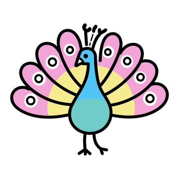 A peacock with a vibrant iridescent blue and green body is spreading its feathers wide. The tail feathers are adorned with swirling patterns of bright pink, yellow, and orange, representing Holi colors. Each feather displays intricate eye-shaped patterns in contrasting shades, creating a brilliant display. The peacock stands on a simple white surface, emphasizing the vivid colors of the feathers.