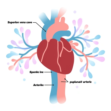 A detailed anatomical diagram of the human circulatory system. The diagram includes the heart at the center, depicted with distinct chambers labeled. Arteries and veins branch out from the heart, illustrating the pathways of blood flow throughout the body. The aorta is prominently visible, curving upward and then descending. The superior and inferior vena cavae are clearly marked, bringing blood into the heart. Each major artery and vein is color-coded for clarity, with labels for the pulmonary arteries and veins. A background provides a gradient pastel color effect to enhance the visual appeal of the diagram.