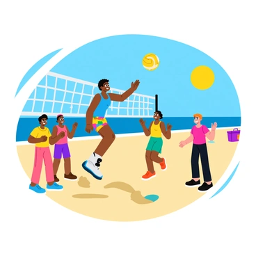 A person with a prosthetic leg is jumping to hit a volleyball over a net on a sandy beach. They are wearing a bright blue tank top and colorful shorts. Surrounding them are three friends, all smiling and cheering, dressed in casual summer attire. The sun is shining brightly in a clear blue sky, and there are beach towels and a cooler in the background, adding to the lively beach atmosphere. The volleyball is mid-air, with sand flying up around their feet as they dive for the ball.