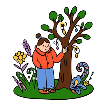 Tracy Beaker, a girl with light skin and short brown hair, is standing in a vibrant, enchanted forest. She is wearing a bright red jacket, blue jeans, and colorful sneakers. The forest is filled with quirky trees that have unusual shapes and colors, with some branches twisting and curling. Soft, glowing lights can be seen hanging from the branches, illuminating the surroundings. Tracy has a curious expression on her face as she examines a tree with a gnarled trunk and leaves that shimmer in different hues. In the background, there are whimsical plants and flowers that add to the magical atmosphere.