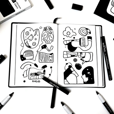 An open sketchbook lies on a flat surface, displaying two pages filled with various artworks. One page showcases vibrant illustrations created with illustration markers, characterized by bold linework and intricate details. The other page features a contrasting array of sketches completed with alcohol markers, exhibiting smooth gradients and blending techniques. Scattered around the sketchbook are a few used markers, some with caps off, indicating recent artistic activity. The setting has an organized yet creative feel, suggesting an artist’s workspace.