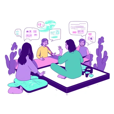 A teal avatar with short hair is sitting cross-legged on a virtual platform, engaged in a lively discussion. Next to it, a white avatar with long flowing hair is animatedly gesturing with its hands, emphasizing a point. Another avatar, this one in purple, is leaning forward on a floating digital table, displaying holographic images of various topics. Behind them, a mix of avatars in various colors, including pink and yellow, are engaged in their own conversations, each displaying unique features such as different clothing styles and accessories. The background features abstract shapes and floating icons related to various discussion topics.