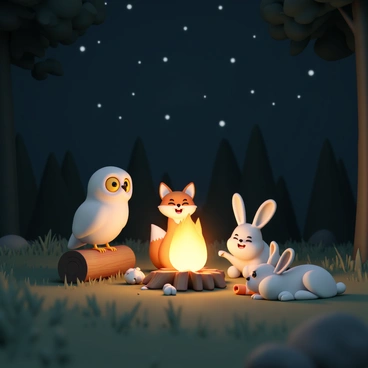 A group of three animals is gathered around a campfire at night. On the left, a wise old owl with large yellow eyes sits on a log, tilting its head as it shares a story. In the center, a lively fox with a bushy tail and bright orange fur is laughing, its mouth open in joy. To the right, a friendly rabbit with soft gray fur and long ears is sprawled on the grass, listening intently while clutching a carrot. The campfire casts a warm glow, illuminating their faces and creating a cozy atmosphere in the surrounding dark woods. The night sky above is filled with stars, adding to the magical setting.