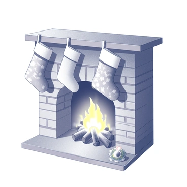 A cozy fireplace with stockings hanging from the mantel. Each stocking is uniquely designed, featuring different patterns and textures. The fire is glowing warmly, casting soft shadows and a flickering light across the room. The fireplace is made of brick with a classic design, and there are decorative elements such as a small ornament or a festive wreath nearby. The atmosphere is inviting and cheerful, perfect for a holiday gathering.