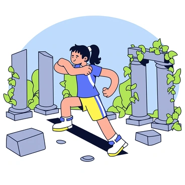An explorer in outdoor sports attire is performing Russian twists. The explorer has dark hair tied back and is focusing intently on the exercise. Surrounding them are ancient stone ruins, with partially collapsed columns and weathered stone blocks. The sky is clear and blue, and the sun casts bright light over the scene, creating sharp shadows on the ground. Lush green vines are creeping up the sides of the ruins, adding a touch of nature to the historic setting.