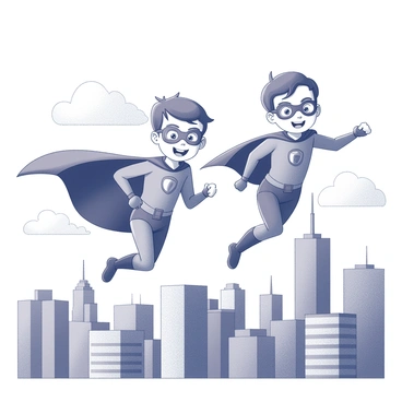 Two young superheroes soaring through a vibrant cityscape. They are depicted mid-flight, with their capes billowing dramatically behind them in the air. The skyline features a variety of tall buildings and structures, showcasing a bustling urban environment. One superhero has a confident expression, while the other displays a playful smile, emphasizing their youthful exuberance. The background captures a sense of height and movement, with clouds scattered across the sky, suggesting a bright day filled with adventure.