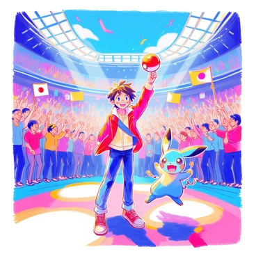 A trainer with short brown hair is standing triumphantly in the center of a stadium. They are wearing a vivid red jacket and blue jeans, holding a Poké Ball high in the air. Beside them, a Pokémon with bright blue fur and large ears is leaping joyfully. The background is filled with a large crowd of fans waving colorful banners and cheering excitedly. Bright lights illuminate the scene, highlighting the trainer and their Pokémon in this moment of celebration.
