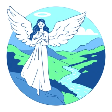 An angelic guardian with luminous wings is standing tall at the edge of a peaceful valley. The guardian has a gentle expression, with flowing hair that cascades down their shoulders. The wings are beautifully detailed, radiating light that illuminates the surroundings. Below, the valley is filled with vibrant greenery and a winding river reflecting the light. Soft clouds float above, adding depth to the sky. The scene conveys a sense of tranquility and safety.