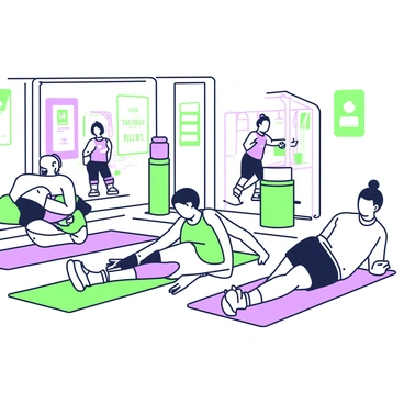 A modern gym interior features individuals practicing heel slides on exercise mats. Several mats are laid out in parallel rows on a hardwood floor. In the foreground, a woman with short hair is lying on her back on a green mat, sliding her heels across the surface. To her right, a man with a ponytail is performing the same exercise on a purple mat, focusing on his form. In the background, there are large mirrors reflecting the gym's bright lighting, while a few people use weight machines. A water cooler is positioned near the entrance, and motivational posters adorn the walls.