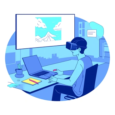 A blue student wearing black VR goggles is seated at a modern desk, fully immersed in an immersive virtual reality exam. The desk is equipped with a sleek laptop that is closed, and various colorful stationery items are scattered around, including a yellow notepad and a red pen. In the background, a large white screen displays abstract graphics related to the exam topic. The room is filled with a soft blue light, creating a focused atmosphere for the student.