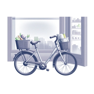A bicycle is parked in front of a shop. The bicycle features a sturdy frame and two wheels, with a wide handlebar positioned above the front wheel. Attached to the front is a large basket that is overflowing with various groceries, including bags of vegetables, a loaf of bread, and a carton of eggs. The shop behind the bicycle has a glass window displaying various items for sale, framed by a wooden door that is slightly ajar. The scene conveys a lively shopping atmosphere.