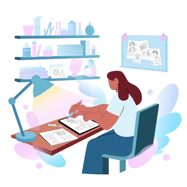 An artist is sitting at a wooden desk in a cozy studio, focused on drawing manga on a sketchpad. The artist has a pen in hand, with several sketches of characters scattered across the desk. The studio is filled with shelves stacked with art supplies, including colored markers, pencils, and brushes. Soft, warm lighting from a lamp creates a comfortable atmosphere, and a small plant sits in the corner of the desk. Various finished manga pages are pinned to a corkboard on the wall, showcasing the artist's work.