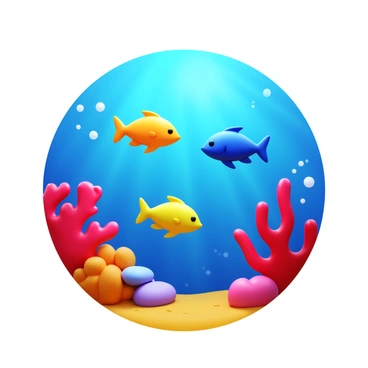 An underwater scene featuring several solid-colored fish swimming gracefully among vibrant coral formations. The fish vary in colors such as bright yellow, deep blue, and vivid red. The coral includes intricate shapes and textures, with some resembling branching structures and others appearing as soft, bulbous forms. Sunlight filters down from the surface, casting shimmering light patterns across the sandy ocean floor. Small bubbles rise to the surface, adding to the lively atmosphere of the underwater environment.