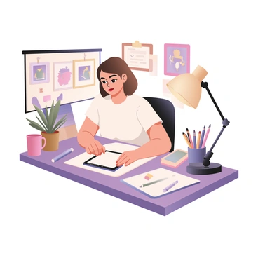 A digital flat illustration featuring an artist sitting at a desk with a tablet in front of them, focused on creating a digital illustration. The artist has light skin, short brown hair, and is wearing a white t-shirt. The workspace is bright and filled with various creative gadgets, including colored pencils, sketchbooks, and a potted plant. On the wall behind the artist, there are colorful art prints and a bulletin board displaying inspiration. A warm light from a desk lamp illuminates the scene, casting soft shadows and creating a vibrant atmosphere.