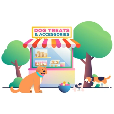 A pet-friendly kiosk with a vibrant awning featuring "Dog Treats & Accessories" is positioned in a park setting. The kiosk is adorned with colorful signage and displays an array of dog treats in clear jars. Next to the kiosk, a happy golden retriever with a bright blue collar is sitting, its tongue out and tail wagging. Nearby, a small beagle is playfully sniffing around a bowl filled with assorted toys. In the background, lush green trees provide shade, and a few other happy dogs can be seen enjoying their time with their owners.