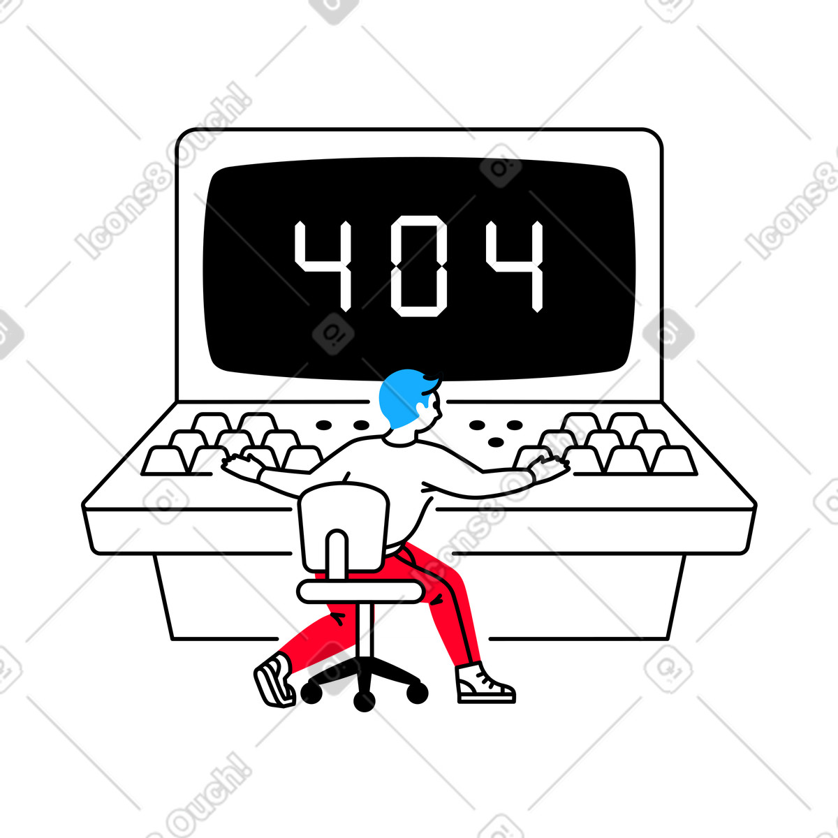 Uomo che riceve un messaggio di errore 404 sullo schermo illustrazione in stile Transistor scarica in PNG, SVG