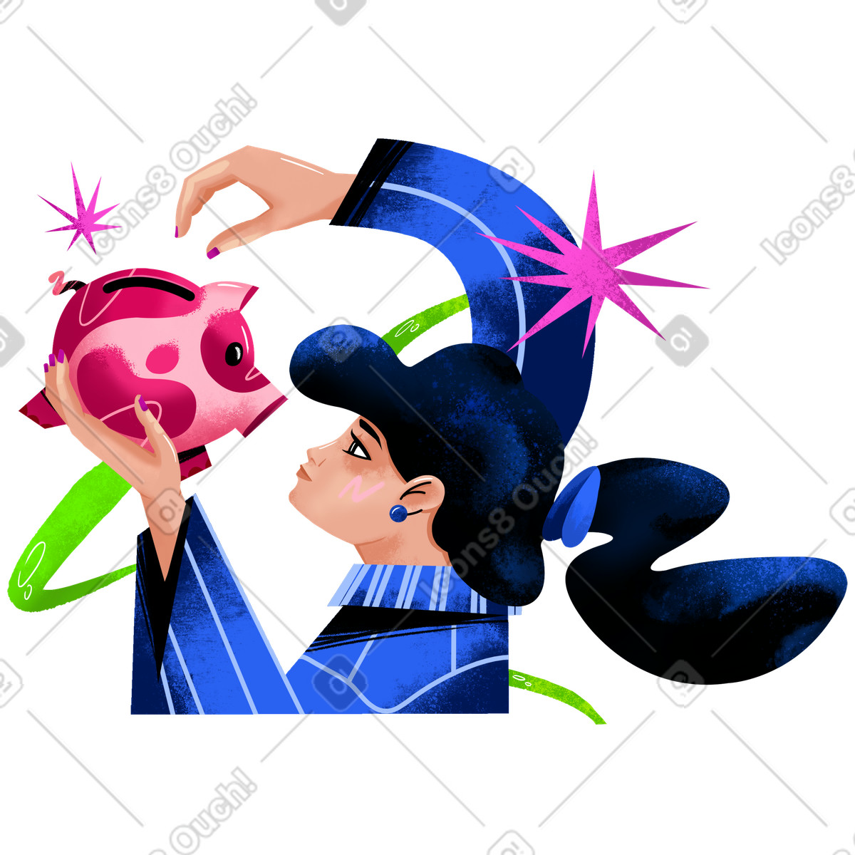 Flare スタイルの Putting coin in piggy bank, Saving money and financial planning のイラストをPNG、SVG形式でダウンロード
