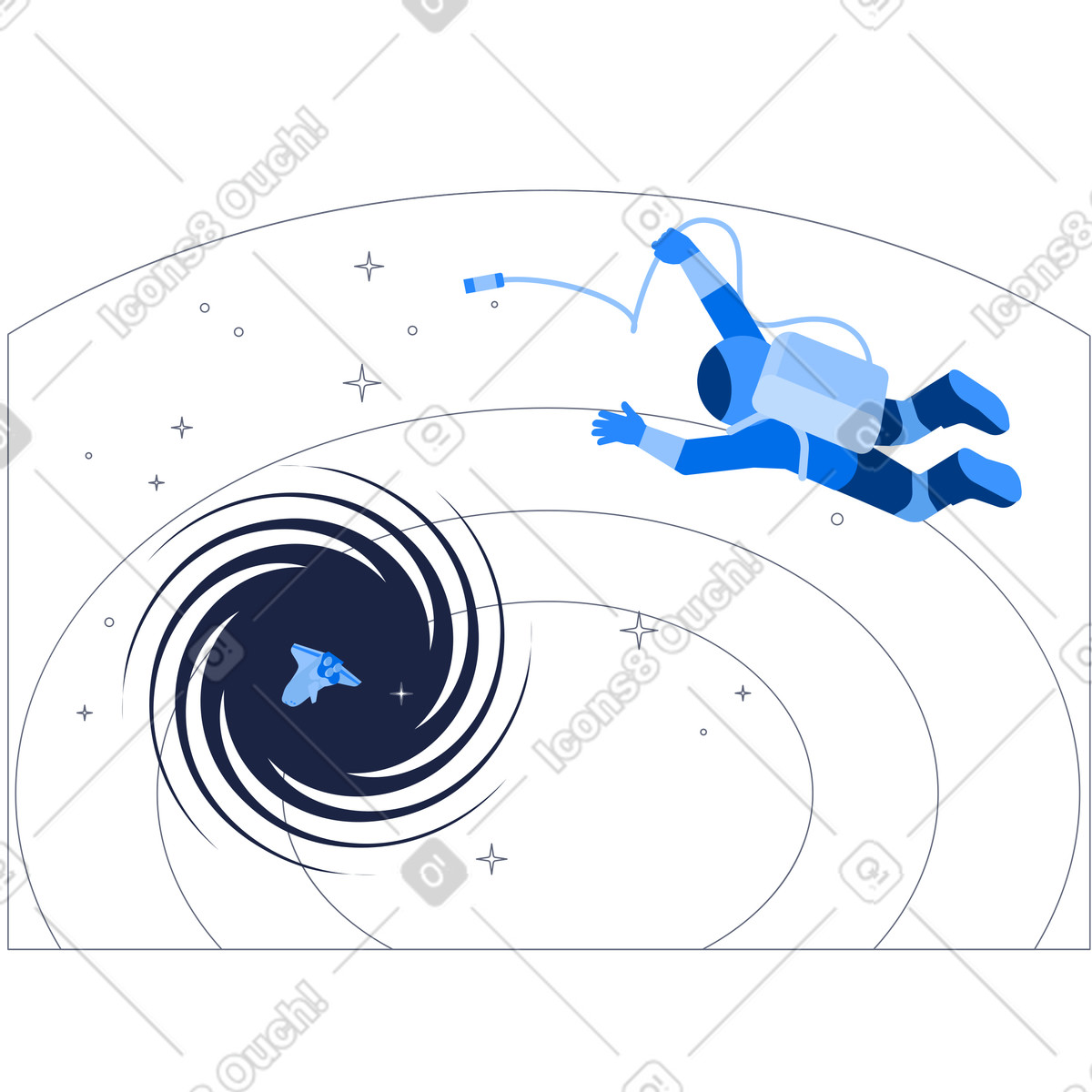 下载 Urban 风格的 Astronaut floating near black hole, Space disaster and critical error 插画，支持 PNG、SVG 格式