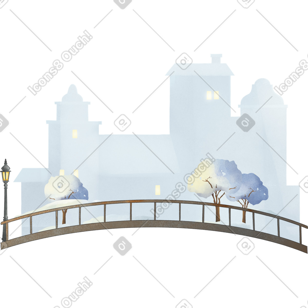 Illustration Pont sur le fond de la ville d'hiver dans style Seasons à télécharger aux formats PNG, SVG