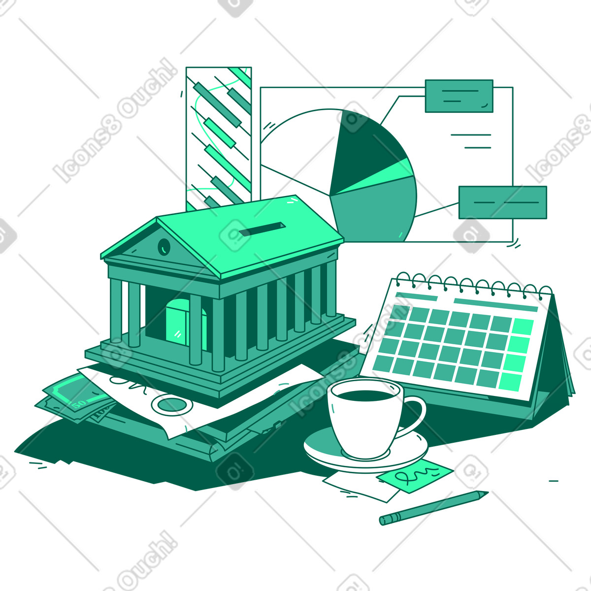 Storyline スタイルの Diagrams, calendar, coffee cup, bank building as money box のイラストをPNG、SVG形式でダウンロード
