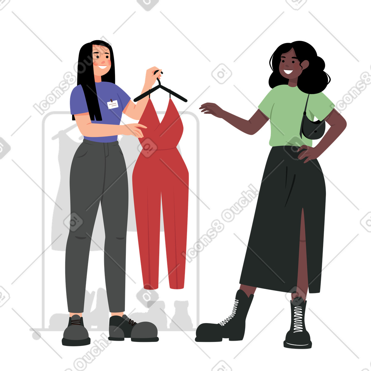 Illustration Fille sur une virée shopping parler à un consultant en mode dans le style Lagom télécharger aux formats PNG, SVG
