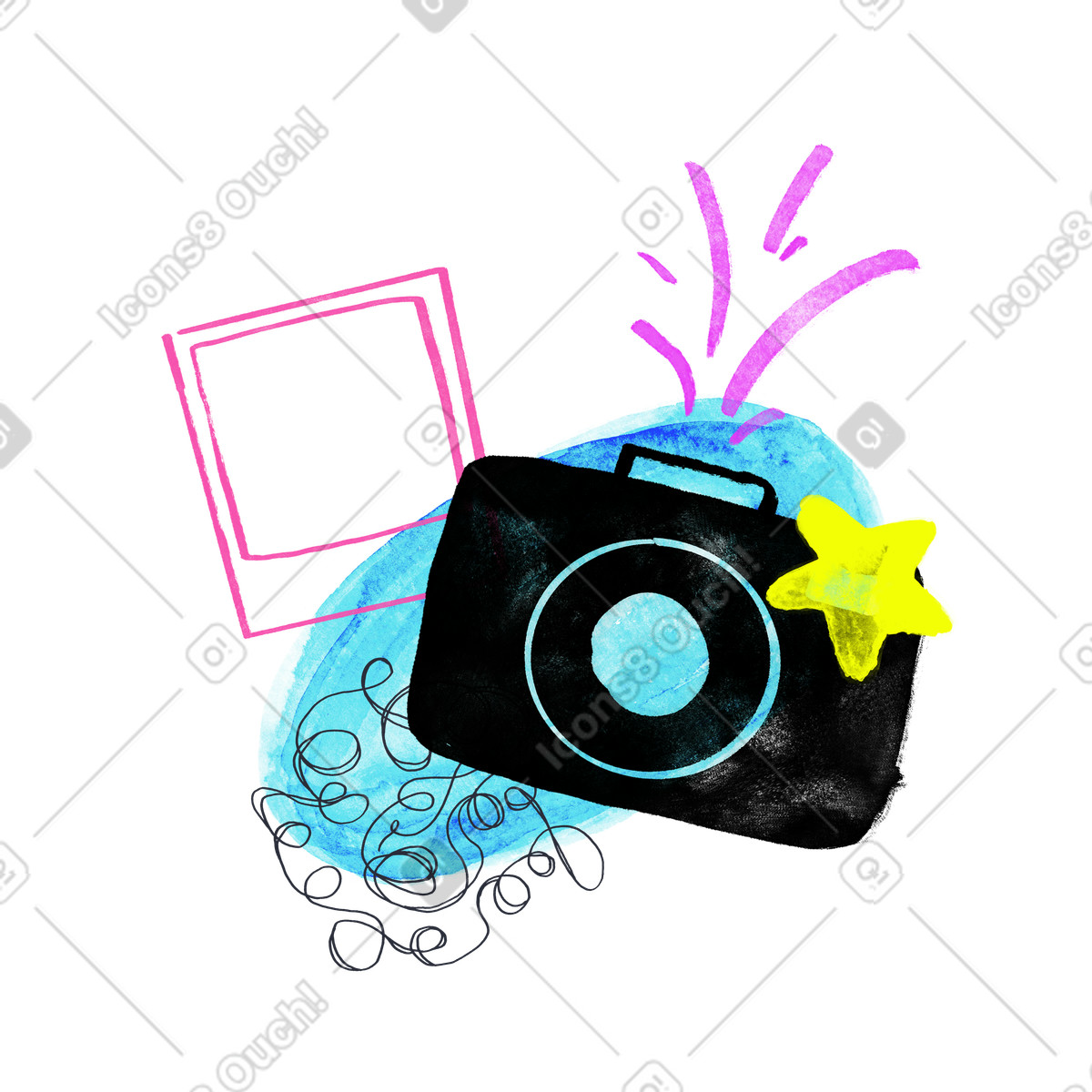 Ilustração de Câmera fotográfica com polaroid e elementos gráficos em no estilo Inky para baixar em PNG, SVG