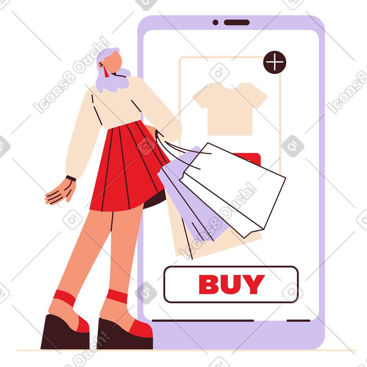Ilustración Customer shopping for clothes on device, E-commerce clothing purchase en estilo Folks a descargar en PNG y SVG