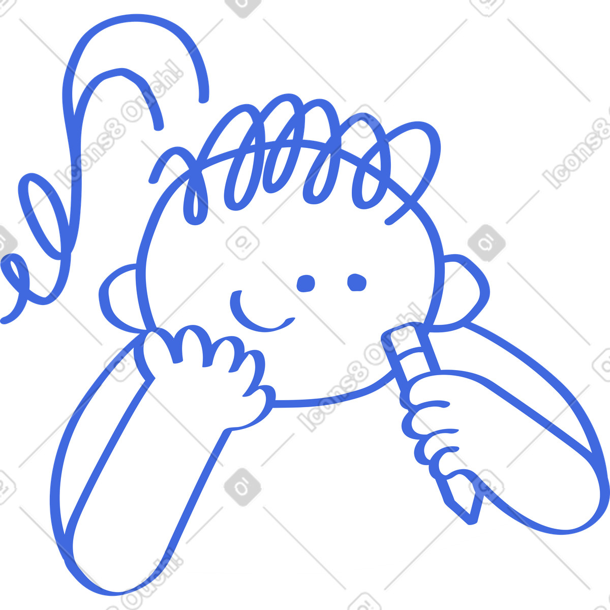 Pencil held near face by smiling child with curly hair-Illustration im Ballpoint Pen-Stil als Download in PNG, SVG