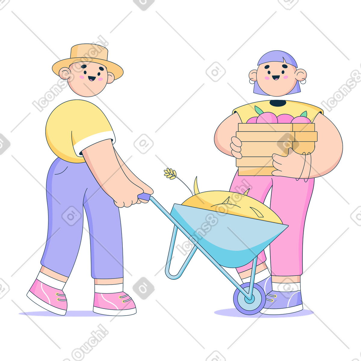 Farmers harvesting fruits and crops illustration in Bubble gum style download in PNG, SVG