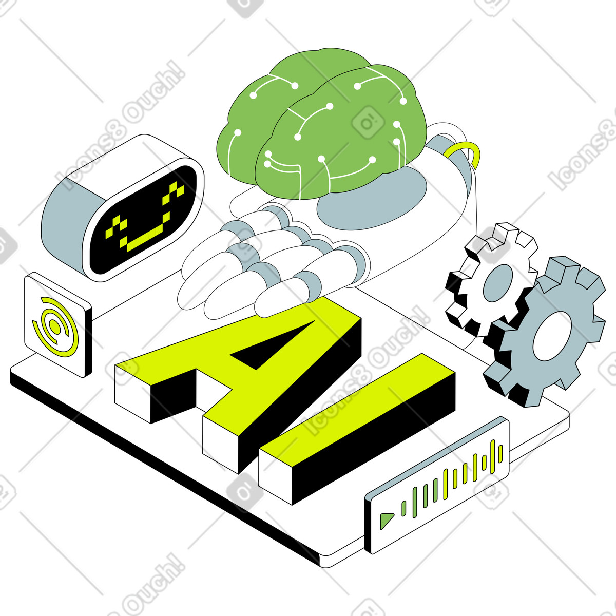 Lettering intelligenza artificiale con robot e mano che tiene il testo del cervello illustrazione animata in stile Isometric scaricabile in GIF, Lottie (JSON), AE