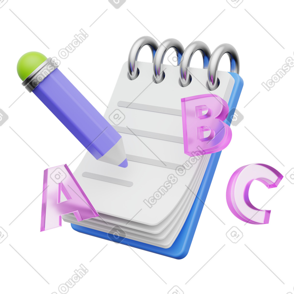 Notepad with pencil and letters, learning tools, educational resources for writing and note-taking illustration in 3D Playful style download in PNG, SVG