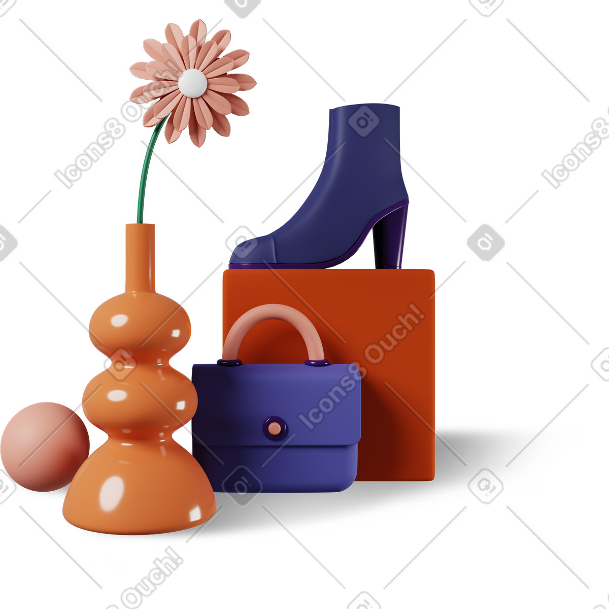Vaso di fiori, borsetta e scarpa illustrazione in stile 3D Plastic people scarica in PNG, SVG