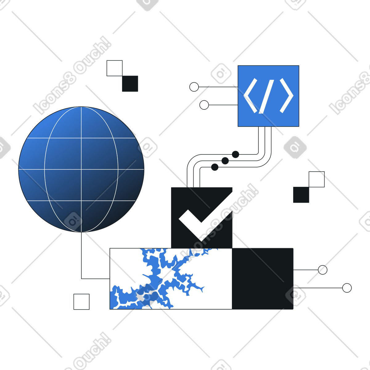 Code symbol connected to network globe, Software deployment workflow, global web development and hosting illustration in PNG, SVG