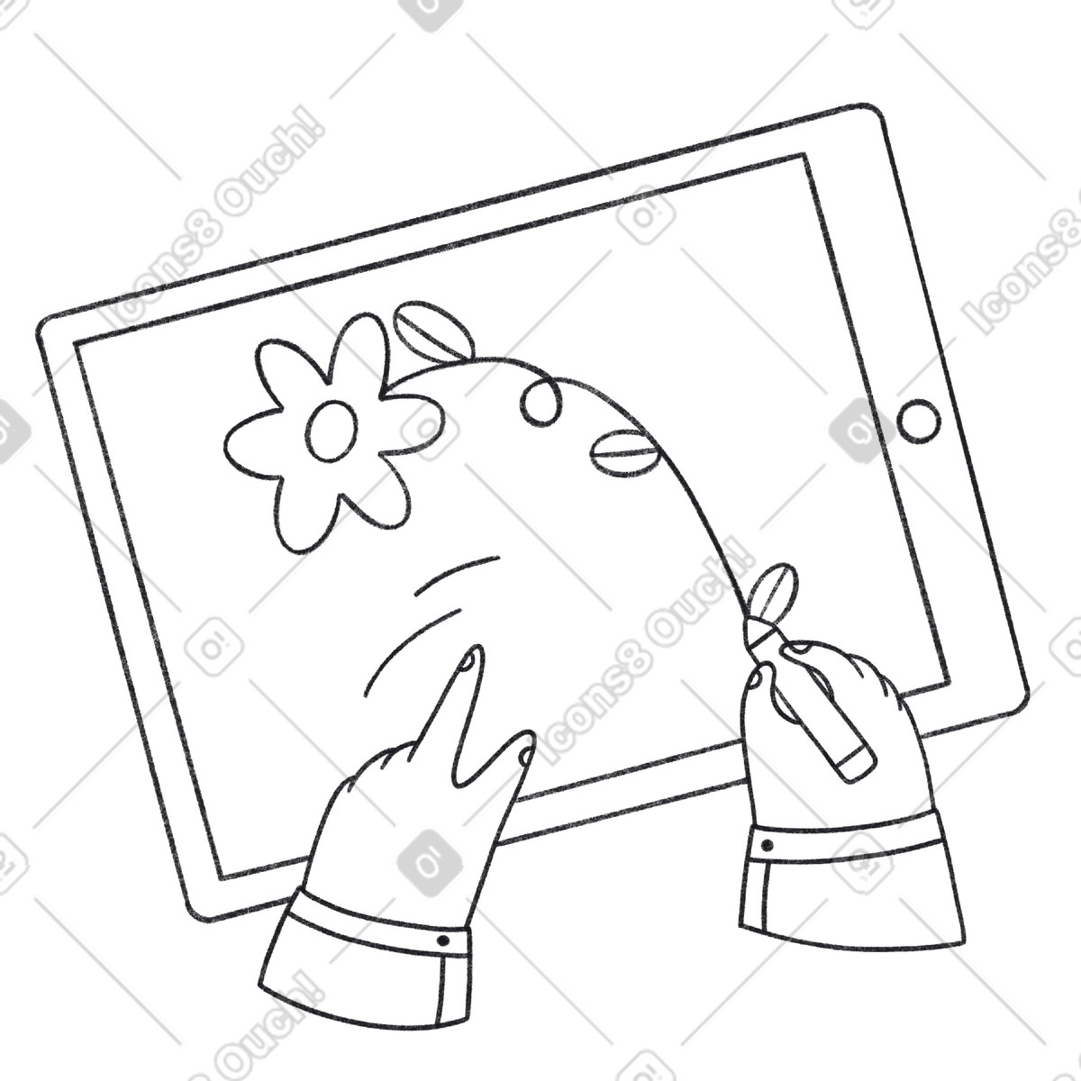 Ilustración Las manos dibujan una flor en el ipad. estilo Bonbon Line a descargar PNG y SVG