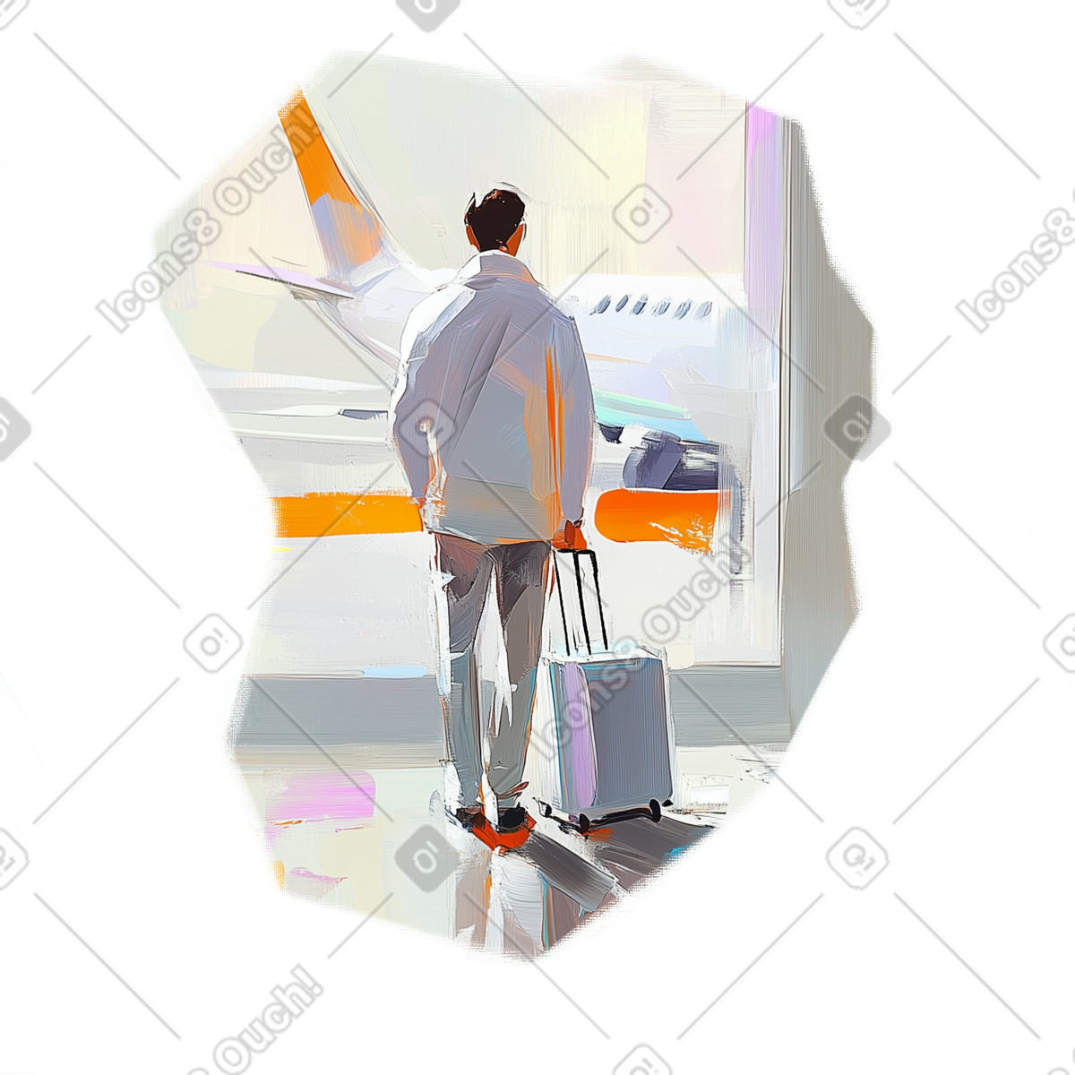 Иллюстрация Oil painting of a man with suitcase at the airport waiting for flight в стиле Pictorial — скачать в форматах PNG, SVG