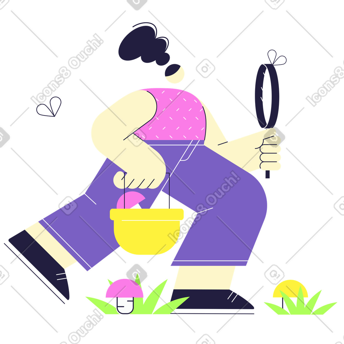 Frau mit lupe geht pilze sammeln-Illustration im Mellow-Stil als Download in PNG, SVG