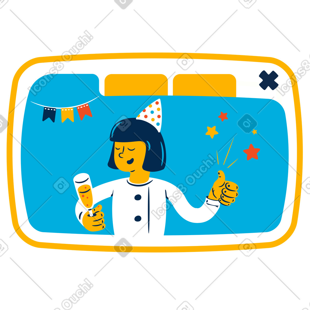 Online party with confetti and drinks, Virtual celebration or remote gathering illustration in Flame style download in PNG, SVG