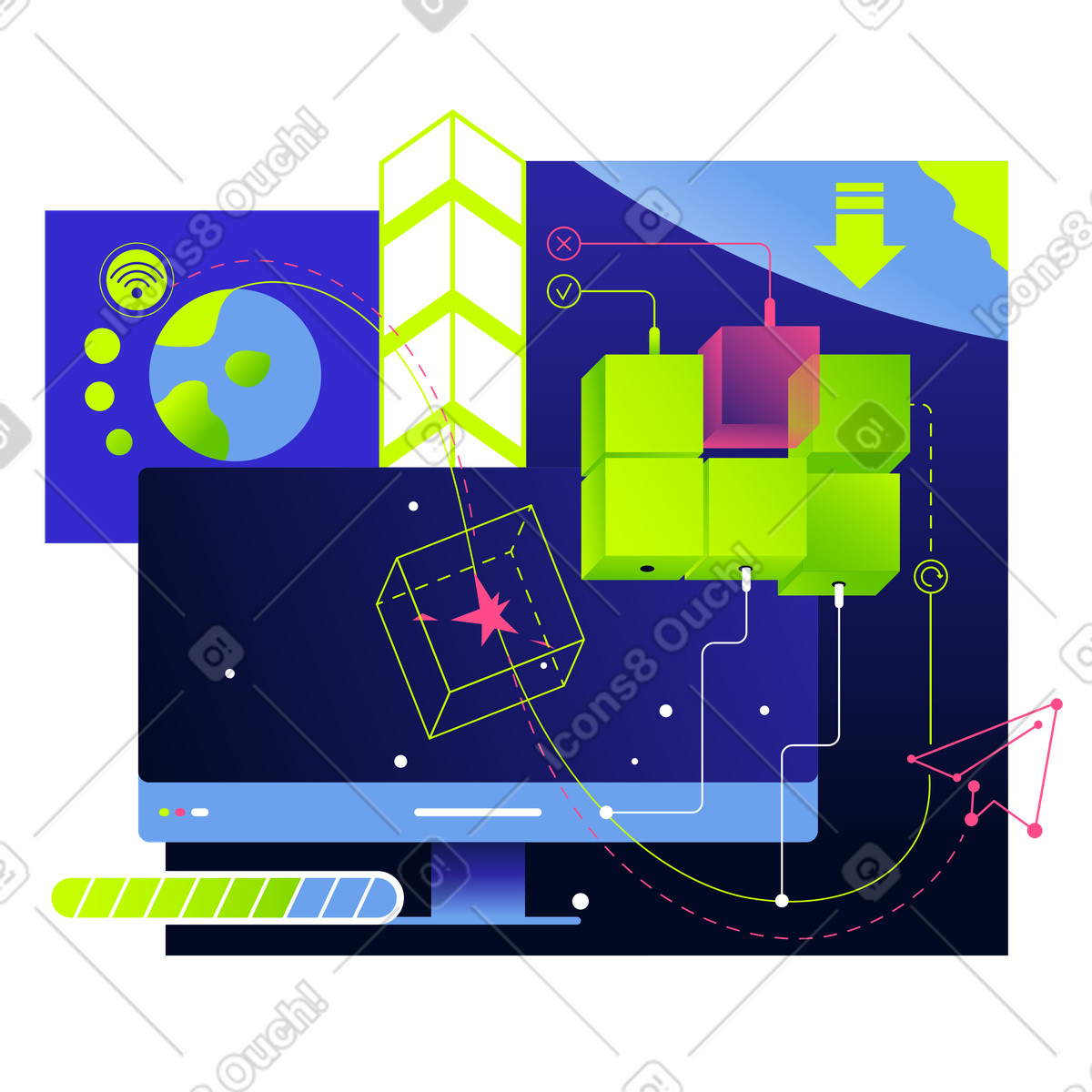 Process of transferring information using computer technology illustration in Space style download in PNG, SVG