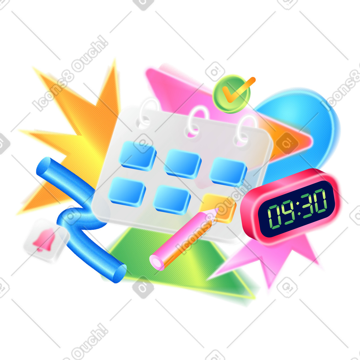 Colorful composition with calendar and digital clock, Time management business planning illustrazione in stile Burst scarica in PNG, SVG