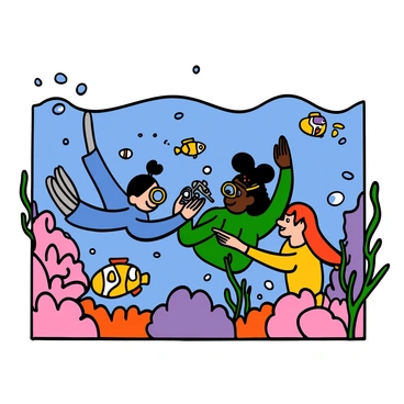 A group of adventurous characters, two men and a woman, are exploring an underwater world filled with vibrant coral reefs. The man with light skin and short black hair is swimming confidently, wearing a blue wetsuit and goggles. The second man, with dark skin and dreadlocks, is capturing the scene with an underwater camera, wearing a green wetsuit. The woman, with light skin and long red hair, is pointing excitedly at a school of colorful fish swimming nearby, wearing a yellow wetsuit. Brightly colored corals in shades of pink, purple, and orange surround them, while various species of fish, including clownfish and angelfish, dart playfully through the clear blue water. Bubbles rise around them, adding to the lively underwater atmosphere.