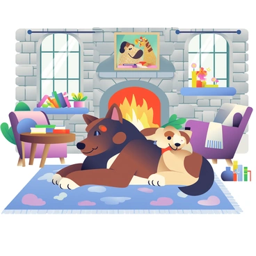 A large three-headed dog, Cerberus, is lying on a plush, oversized rug in the center of a cozy living room. Each head has distinct features: one is a sleek black with glowing red eyes, another is a brindle with a warm expression, and the third is a golden fur with a playful demeanor. The room has stone walls with tapestries depicting mythical creatures, and a roaring fireplace casts a warm glow throughout. A wooden coffee table is filled with books on magic, and there are comfortable chairs upholstered in rich fabrics around the table. Potted plants with vibrant flowers rest on the windowsills, adding a touch of color to the space. A soft blanket is draped over the back of a chair, suggesting a welcoming atmosphere. The scene conveys a sense of companionship and warmth, with every detail contributing to the mythical, family-friendly ambiance.