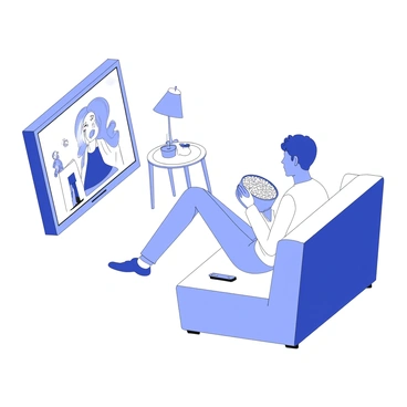 A person is sitting comfortably on a couch with a bowl of popcorn in their lap. They are focused on a television screen in front of them, which displays a colorful scene from a movie. The room is softly lit, with a lamp illuminating a small side table beside the couch. On the table, there are a drink and a few additional snacks. The person has a relaxed posture, with one hand reaching into the bowl of popcorn. The television is mounted on the wall, and the remote control is resting on the couch beside them.