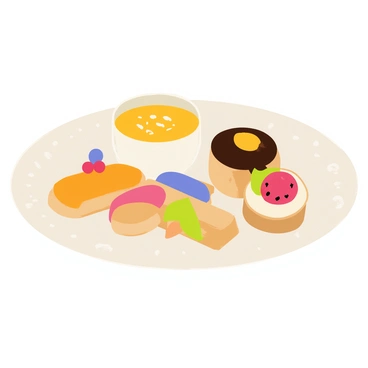 A collection of petits fours arranged on a white decorative plate. The assortment includes a small crème brûlée, featuring a smooth caramelized top and a sprinkle of sea salt. Next to it, there are colorful mini éclairs filled with creamy custard and topped with glossy chocolate icing. Additionally, there are delicate fruit tarts with vibrant berry toppings and a shiny glaze. The overall arrangement showcases a variety of shapes and colors, creating an appealing dessert display.