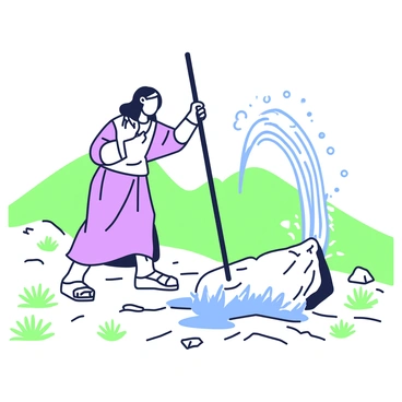 Moses striking a rock with his staff, causing water to gush out in a dry landscape