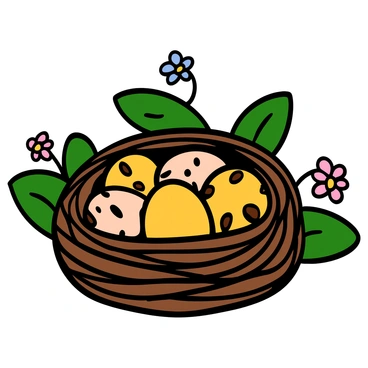 A cozy bird's nest made of twigs and soft fibers is nestled among green leaves. Inside the nest, there are several speckled eggs with various shades of brown and cream. The nest appears warm and inviting, surrounded by a few small blooming flowers. The intricate details of the twigs and the texture of the eggs are clearly visible, emphasizing the natural beauty of the scene.