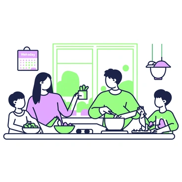 A kitchen scene shows a family cooking together. A woman with long hair is stirring a pot on the stove, while a man is chopping vegetables on a cutting board nearby. There are two children, one boy and one girl, helping by washing vegetables at the sink. The counter is filled with various ingredients, including a bowl of fresh vegetables and a jar of spices. A large window allows sunlight to illuminate the space, and there's a calendar on the wall showing "Wednesday." The family is smiling and engaging with each other, creating a lively atmosphere in the kitchen.