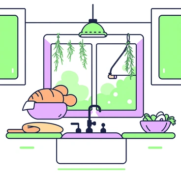 A rustic kitchen features wooden cabinetry and a large farmhouse sink. On the windowsill, there is a loaf of freshly baked bread cooling on a white linen cloth. Above the sink, herbs such as thyme and rosemary are hanging to dry, tied with twine. A wooden cutting board sits on the counter, alongside a ceramic bowl filled with fresh vegetables. The warm ambiance is enhanced by a vintage light fixture hanging from the ceiling.