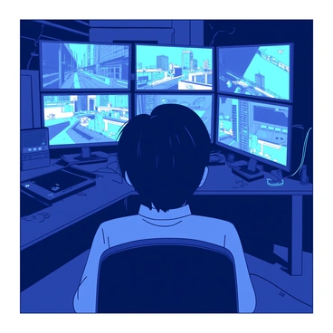 A person with short black hair is sitting in a dimly lit room, intently watching multiple screens. The screens display various surveillance footage, showing different angles of a cityscape. The person is leaning forward in their chair, with a look of concentration on their face. A faint glow from the screens casts light onto the person's features, highlighting their furrowed brow. The room is filled with cables and electronic equipment, creating a sense of urgency and alertness in the atmosphere. Each screen shows a different scene, creating a busy visual backdrop.